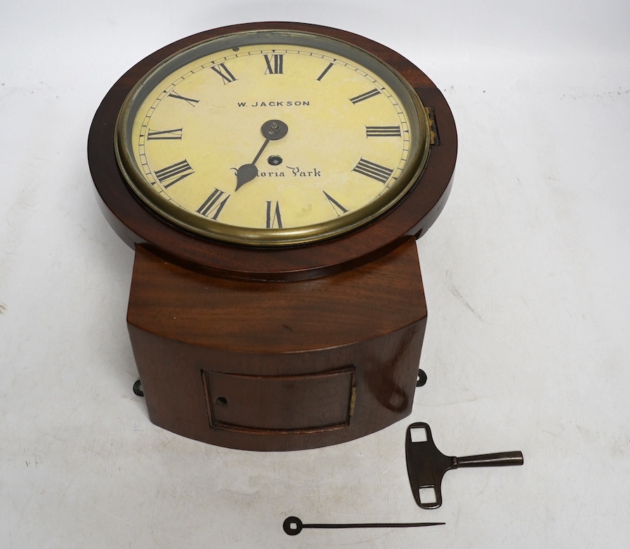 A Victorian mahogany drop dial eight day wall clock, signed Jackson, Victoria Park. 30cm, with key. Condition - fair. Not tested as working